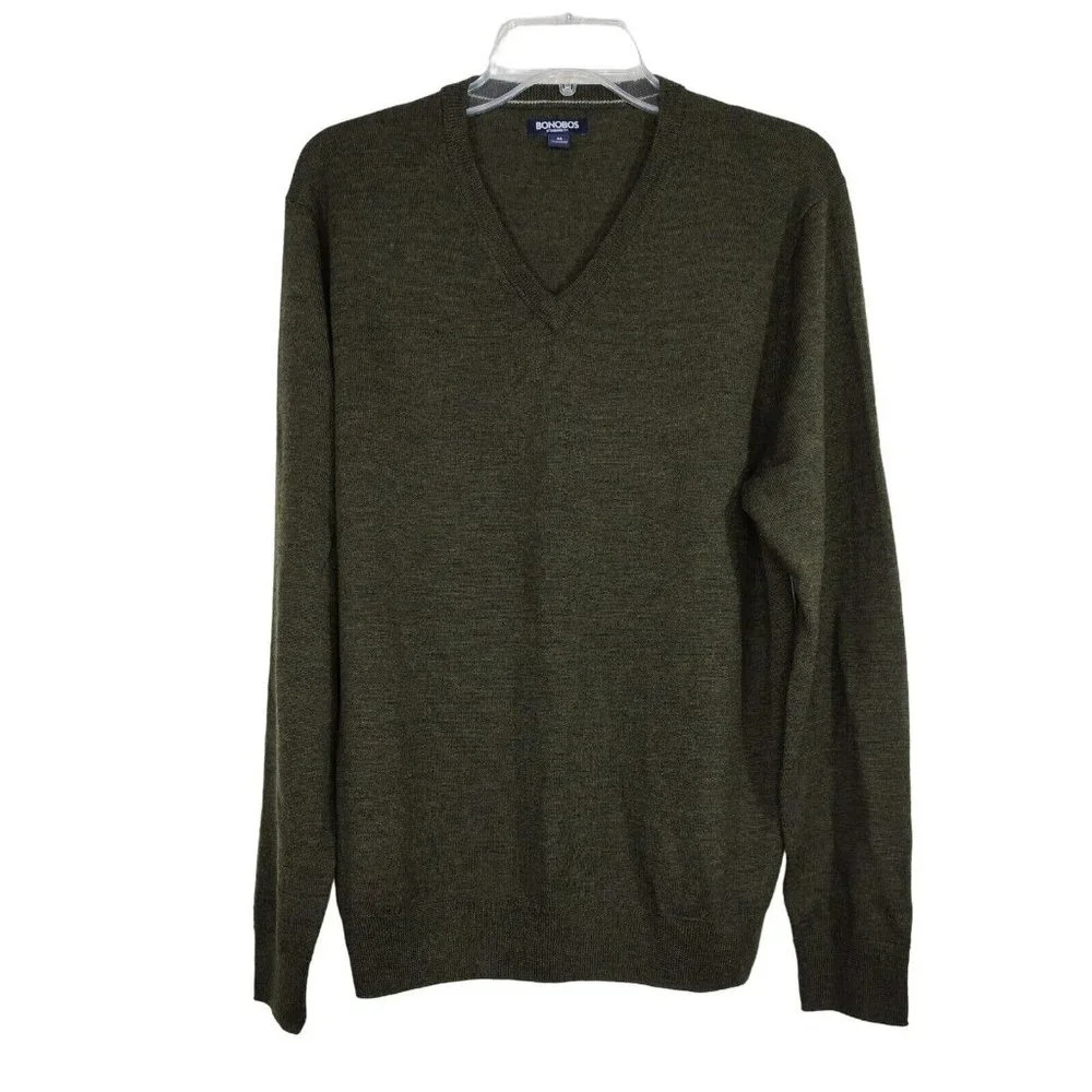 Bonobos V-Neck Pullover Merino Wool Sweater Men Size M Green Long Sleeve